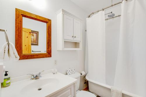 a bathroom with a sink and a toilet and a mirror at Alder Cove in Tillamook
