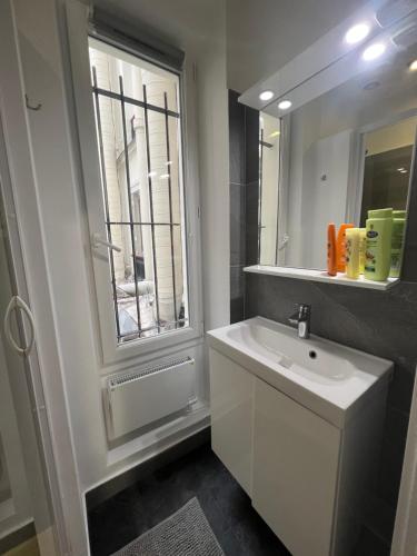 une salle de bain blanche avec un lavabo et une fenêtre dans l'établissement NOTRE DAME - STYLISH APARTMENT, à Paris