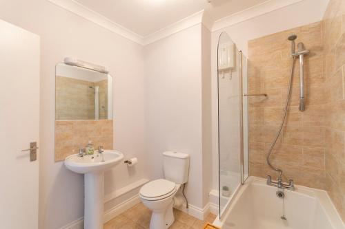 y baño con aseo, lavabo y ducha. en The Nook by Afan Valley Escapes, en Port Talbot