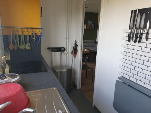 uma cozinha com um balcão com utensílios na parede em T2 refait à neuf entre Paris et Disneyland Paris em Rosny-sous-Bois