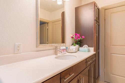 a bathroom with a sink and a mirror at Home felt apartment- Med Center/NRG in Houston