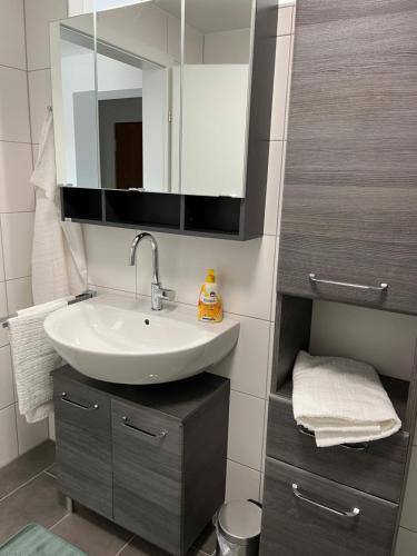 a bathroom with a sink and a mirror at Ferienwohnungen Fritze Bürger in Schiefling am See