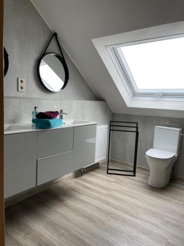 a bathroom with a sink and a toilet and a skylight at Casa Catalina in Rust
