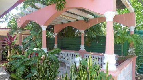 a pink house with plants in front of it at Hostal Casa Pedro y Mayi Appartement 2 in Cienfuegos