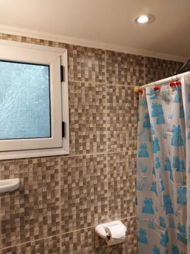 a bathroom with a shower curtain and a window at La Cabaña in Tandil