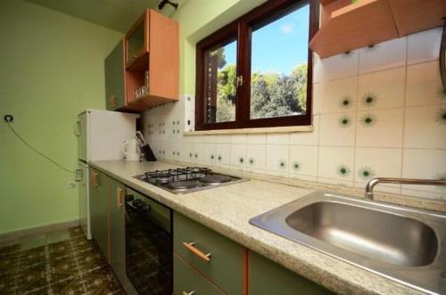 a kitchen with a sink and a refrigerator and a window at Apartments Marjan in Brna