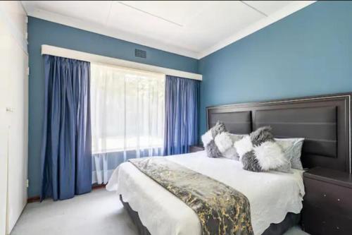 a bedroom with a bed with blue walls and a window at Revive Haven Guesthouse in Roodepoort