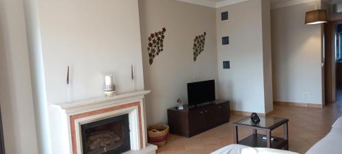 a living room with a fireplace and a tv at Apartamento Felicidade in Almancil