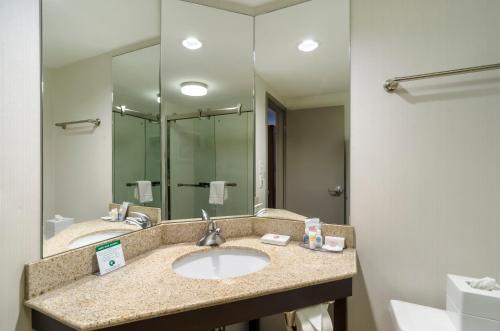 a bathroom with a sink and a large mirror at Comfort Inn Raleigh Midtown in Raleigh