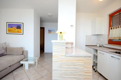 a kitchen and a living room with a couch at Apartment Andreas in Ravni