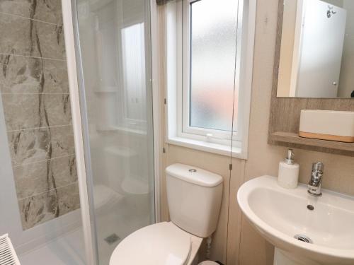 a bathroom with a shower and a toilet and a sink at Rowan in Crieff