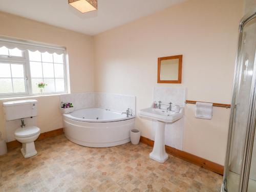 a bathroom with a tub and a toilet and a sink at Willow Tree Farm House in Newry
