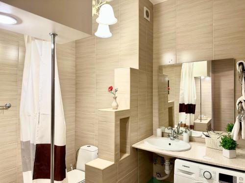 a bathroom with a sink and a mirror at Lux apartments in the city center, with a view of the theater, near Zlata Plaza in Rivne