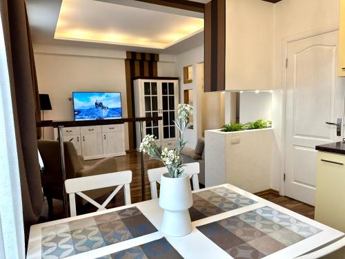 Η κουζίνα ή μικρή κουζίνα στο Lux apartments in the city center with a coffee machine, view of a theater, near Zlata Plaza