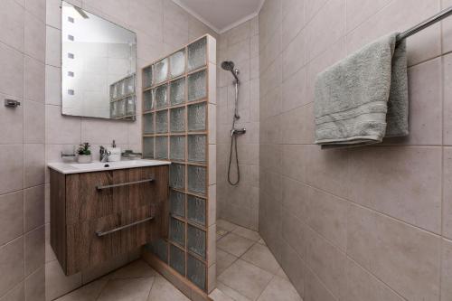 y baño con ducha, lavabo y espejo. en Villa Tamar en Palm-Eagle Beach