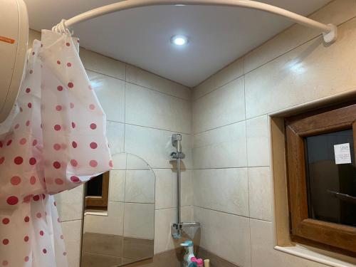 y baño con ducha con cortina de polka. en Domacinstvo Ilici ,Gunjaci en Valjevo