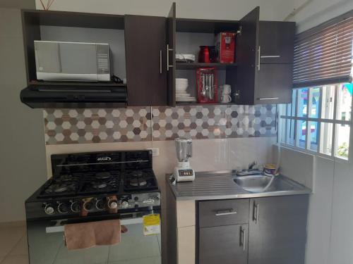 una pequeña cocina con fogones y fregadero en HABITACIÓN INDEPENDIENTE y APARTAESTUDIO MONOAMBIENTE, en Barranquilla