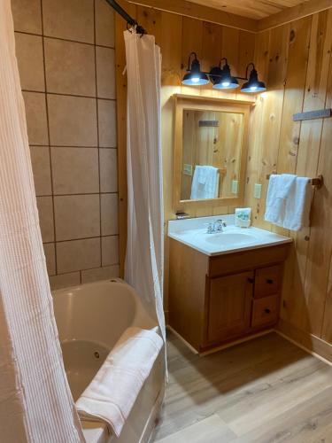 La salle de bains est pourvue d'une baignoire, d'un lavabo et d'un miroir. dans l'établissement Classy Bear Cabin, à Gatlinburg