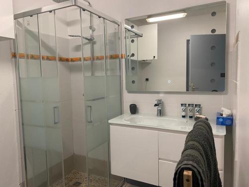 een badkamer met een glazen douche en een wastafel bij Charmant T2 tout confort au Diamant in Le Diamant