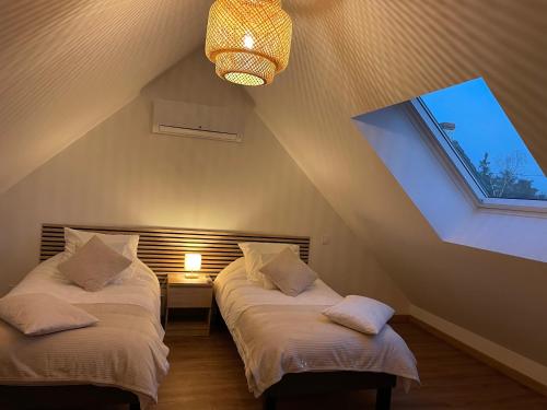 a attic room with two beds and a window at Les oiseaux du paradis in Saint-Aignan