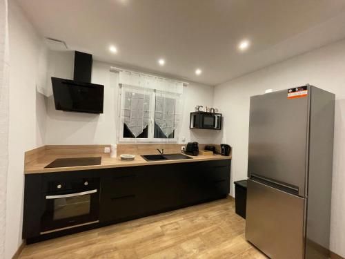 une cuisine avec un réfrigérateur en acier inoxydable et un évier dans l'établissement Les oiseaux du paradis, à Saint-Aignan