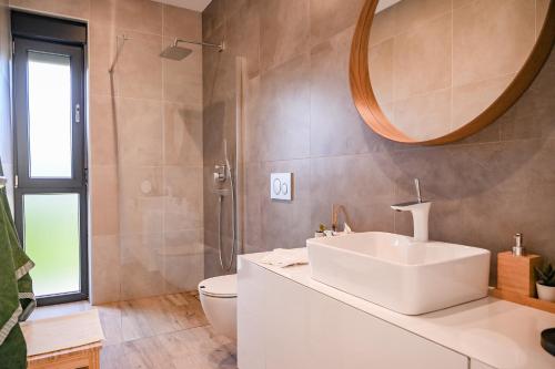 W łazience znajduje się biała umywalka i lustro. w obiekcie Villa Arya w mieście Juršići