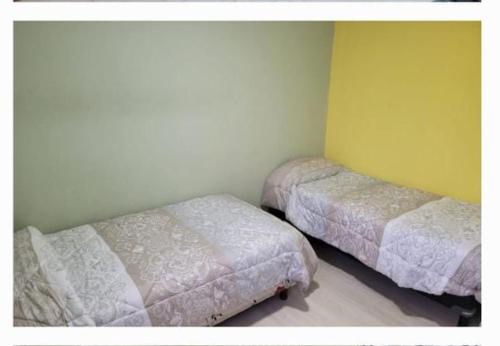 1 dormitorio con 2 camas y pared amarilla en Ajej en Ushuaia
