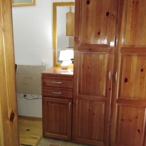 a room with a wooden cabinet and a desk at Simic Apartmani Tara in Kaludjerske Bare