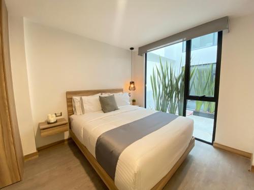 a bedroom with a large bed and a large window at Darwin 8 in Mexico City