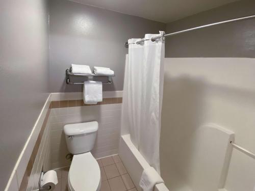 a bathroom with a white toilet and a shower at Motel 6 Norway MI in Norway