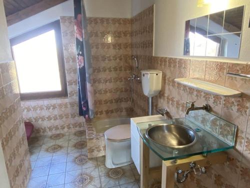 a bathroom with a sink and a toilet and a mirror at Cozy holiday home in Paldau in a charming area in Paldau
