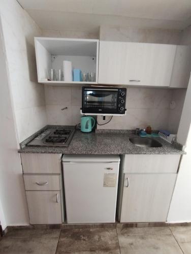 uma pequena cozinha com um micro-ondas e um lavatório em Mountain Center em San Carlos de Bariloche