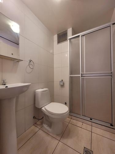 a bathroom with a toilet and a shower and a sink at Hotel Nuevo Sol in La Paz