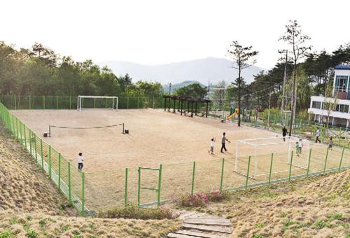 a group of people playing a game on a soccer field at Hyundai Soo Resort Hoengseong in Pyeongchang 