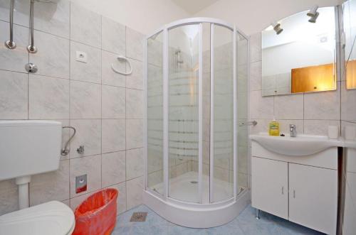 a bathroom with a shower and a toilet and a sink at Apartments Luka in Ubli
