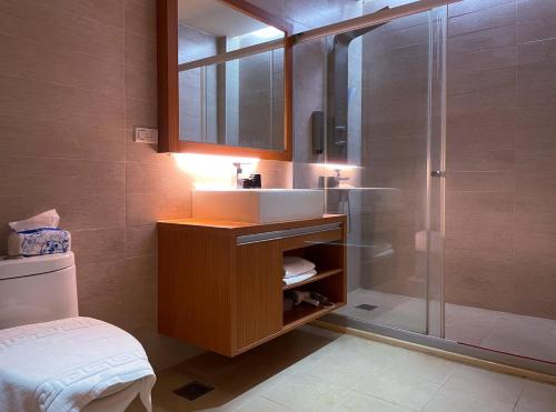 ein Bad mit einem Waschbecken und einer Dusche in der Unterkunft Vogue Inn at Hualien in Hualien