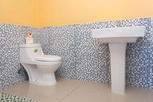 a bathroom with a white toilet and a sink at Apartamentos Palo Coco in Las Terrenas