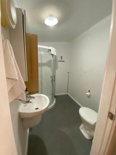 uma casa de banho com um lavatório, um chuveiro e um WC. em Featherston Motels And Camping em Featherston
