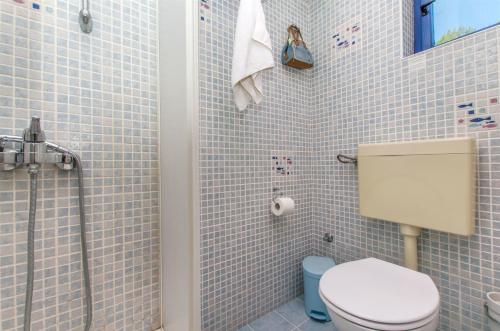 y baño con aseo y ducha con azulejos azules. en Apartments Ana, en Brna