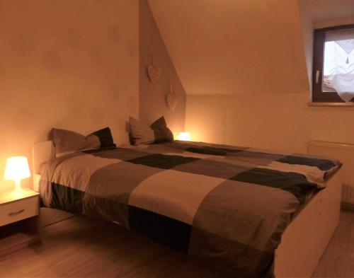 a bedroom with a bed with two lamps and a window at Ferienwohnung Schelhorn in Mengersgereuth-Hämmern