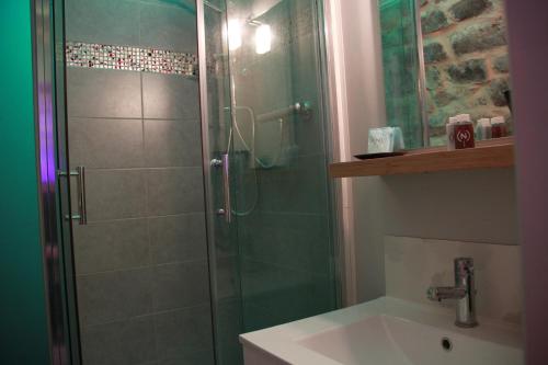 a bathroom with a glass shower with a sink at Gite de la Fontaine in Paulhe