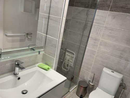 a bathroom with a sink and a toilet and a shower at T1 Classé 3 Étoiles avec Animaux Admis et Climatisation - FR-1-571-49 in Balaruc-les-Bains