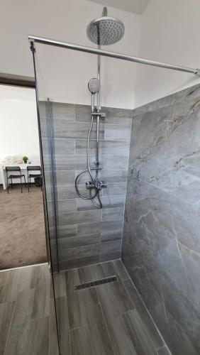 La salle de bains est pourvue d'une douche avec une porte en verre. dans l'établissement Pensiunea Maya Caciulata, à Căciulata