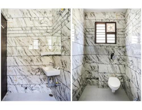 2 immagini di un bagno con servizi igienici e lavandino di Hotel Mrg Inn, Sri Ganganagar a Gangānagar