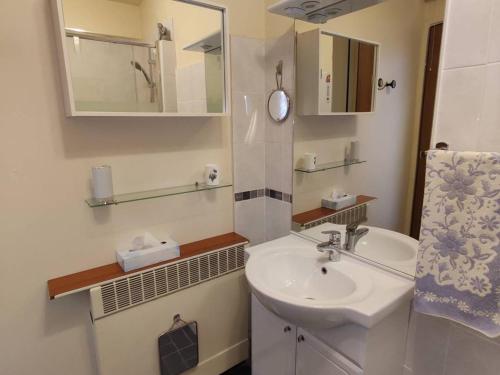 une salle de bain blanche avec un lavabo et un miroir dans l'établissement Studio à Balaruc-les-Bains avec climatisation et animaux acceptés - FR-1-571-53, à Balaruc-les-Bains