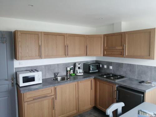 a kitchen with wooden cabinets and a sink and a microwave at gite repos et tranquillité M in Cayeux-sur-Mer