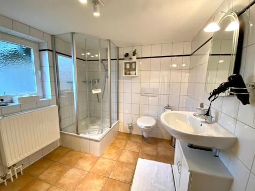 ein Bad mit einer Dusche, einem Waschbecken und einem WC in der Unterkunft Eichenhof III in Grothusenkoog