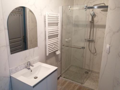 y baño con ducha, lavabo y espejo. en gite repos et tranquillité M, en Cayeux-sur-Mer