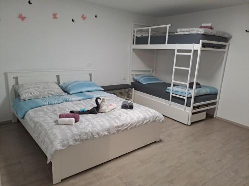 a child laying on a bed in a bedroom with bunk beds at Freedom house in Piran