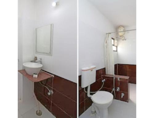two pictures of a bathroom with a toilet and a sink at Hotel Shivam Fort View, Chittorgarh in Chittaurgarh